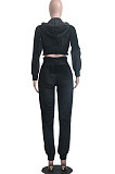 Grey Casual Velvet Pure Color Long Sleeve Zip Front Hoodie High Waist Elasticbelt Sweat Pants Sets SY8826-5