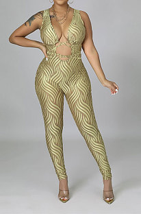Khaki Trendy Sexy Printing Sleeveless Hollow Out Tight Skinny Mid Waist Bodycon Jumpsuits CCY9236-1