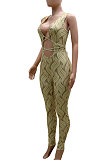 Khaki Trendy Sexy Printing Sleeveless Hollow Out Tight Skinny Mid Waist Bodycon Jumpsuits CCY9236-1