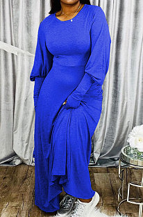 Blue Big Yards Cotton Blend Loose Long Sleeve Round Collar Collect Waist Maxi Dress BDF8002-3