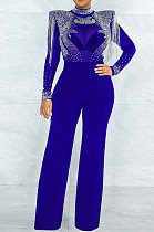 Blue Women Fashion Sexy Bodycon High Collar Perspectivity Bling Bling Tassel Bodycon Jumpsuits CCY9232B-3