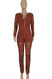 Red Women Fashion Sexy Mesh Spaghetti Long Sleeve Zipper Ruffle Bodycon Jumpsuits FFE186-2