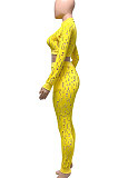 Yellow Women Autumn Hole Zipper Tops Coat Pure Color Mid Waist Pants Sets Q964-1