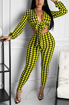 Yellow Women Sexy Printing Long Sleeve V Collar Tied Bodycon Pants Sets FFE183-2