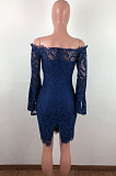 Navy Blue Sexy Fashion A Wrod Shoulder Horn Sleeve Lace Strapless Hip Dress QZ3072-2