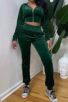 Green Casual Velvet Pure Color Long Sleeve Zip Front Hoodie High Waist Elasticbelt Sweat Pants Sets SY8826-2