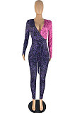 Purple Pink Wholesale Contarstcolor Spliced Letter Printing Long Sleeve V Collar Beltband Bodycon Jumpsuits TL6611-3