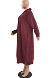 Wine Red Cotton Blend Casual Pure Color Long Sleeve Loose Hooded Dress H1726-1