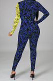 Blue Yellow Wholesale Contarstcolor Spliced Letter Printing Long Sleeve V Collar Beltband Bodycon Jumpsuits TL6611-1