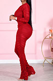Red Women Fashion Sexy Mesh Spaghetti Long Sleeve Zipper Ruffle Bodycon Jumpsuits FFE186-2