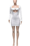 White Women Long Sleeve Autumn Ribber Eyelet Tied Solid Color Bodycon Mini Dress Q965-1