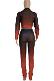 Red Women Fashion Gradient Long Sleeve Turn-Down Collar Single-Breasted Pants Sets FFE185-1