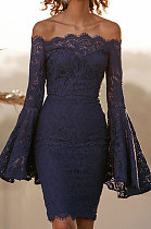 Navy Blue Sexy Fashion A Wrod Shoulder Horn Sleeve Lace Strapless Hip Dress QZ3072-2