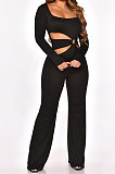Black Sexy Cotton Blend Pure Color Long Sleeve Hollow Out Wide Leg Jumpsuits QZ6128-3