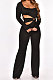 Black Sexy Cotton Blend Pure Color Long Sleeve Hollow Out Wide Leg Jumpsuits QZ6128-3
