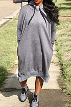 Grey Cotton Blend Casual Pure Color Long Sleeve Loose Hooded Dress H1726-3