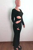 Brow Sexy Cotton Blend Pure Color Long Sleeve Hollow Out Wide Leg Jumpsuits QZ6128-1