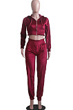 Wine Red Casual Velvet Pure Color Long Sleeve Zip Front Hoodie High Waist Elasticbelt Sweat Pants Sets SY8826-1
