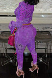 Purple Euramerican Women Fashion Sexy Mesh Spaghetti Printing Horn Sleeve Pants Sets FFE180-2