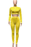 Yellow Women Autumn Hole Zipper Tops Coat Pure Color Mid Waist Pants Sets Q964-1