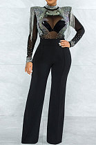 Black Women Fashion Sexy Bodycon High Collar Perspectivity Bling Bling Tassel Bodycon Jumpsuits CCY9232B-1