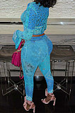 Blue Euramerican Women Fashion Sexy Mesh Spaghetti Printing Horn Sleeve Pants Sets FFE180-3