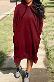 Blue Cotton Blend Casual Pure Color Long Sleeve Loose Hooded Dress H1726-5