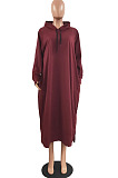 Red Cotton Blend Casual Pure Color Long Sleeve Loose Hooded Dress H1726-2