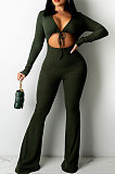 Black Sexy Club Ribber Long Sleeve Cardigan Strapless Hollow Out Flare Jumpsuits QZ6129-2