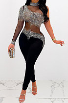 Black Woemn Autumn Winter Sexy Coloured Diamond Perspectivity Bling Bling Bodycon Jumpsuits Q966-2