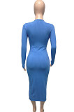 Blue Women Ribber Split Long Sleeve V Collar Single-Breasted Solid Color Bodycon Sexy Midi Dress Q969-1