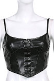Black Sports PU Leather Vest Slim Condole Belt Sexy Top HLR00976-2
