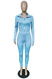 Sky Blue Wholesale Pure Color Long Sleeve Zip Front Tops Trousers Slim Fitting Sport Sets TC043-4