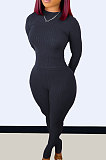Blue Wholesale Newest Ribber Long Sleeve O Neck T-Shirts Bodycon Pants Slim Fitting Solid Color Sets TC095-1 