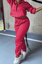 Rose Red Autumn Winter Long Sleeve Zip Front Jumper Mid Waist Ankle Banded Pants Sport Sets TC089-2