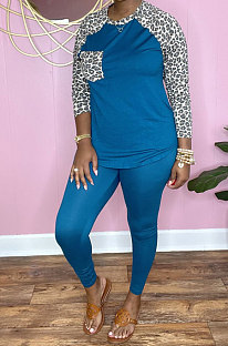Blue Cotton Blend Leopard Print Spliced Long Sleeve Round Neck T-Shirts Pencil Pants Sport Sets YM220-5