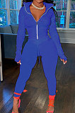 Drak Blue Wholesale Pure Color Long Sleeve Zip Front Tops Trousers Slim Fitting Sport Sets TC043-5