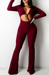 Wine Red Sexy Club Ribber Long Sleeve Cardigan Strapless Hollow Out Flare Jumpsuits QZ6129-1