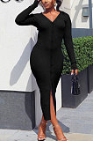 Orange Women Ribber Split Long Sleeve V Collar Single-Breasted Solid Color Bodycon Sexy Midi Dress Q969-2