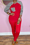 Rose Red Cotton Blend Leopard Print Spliced Long Sleeve Round Neck T-Shirts Pencil Pants Sport Sets YM220-3