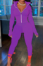 Drak Purple Wholesale Pure Color Long Sleeve Zip Front Tops Trousers Slim Fitting Sport Sets TC043-3