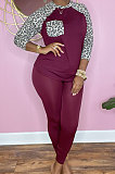 Rose Red Cotton Blend Leopard Print Spliced Long Sleeve Round Neck T-Shirts Pencil Pants Sport Sets YM220-3