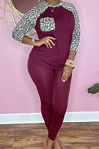 Wine Red Cotton Blend Leopard Print Spliced Long Sleeve Round Neck T-Shirts Pencil Pants Sport Sets YM220-4