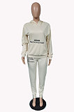 Beige Casual Autumn Winter Letter Printing Long Sleeve Hoodie Sweat Pants Sets TC042-1