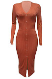 Black Women Ribber Split Long Sleeve V Collar Single-Breasted Solid Color Bodycon Sexy Midi Dress Q969-3