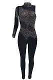 Black Woemn Autumn Winter Sexy Coloured Diamond Perspectivity Bling Bling Bodycon Jumpsuits Q966-2