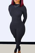 Black Wholesale Newest Ribber Long Sleeve O Neck T-Shirts Bodycon Pants Slim Fitting Solid Color Sets TC095-5
