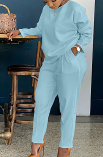 Light Blue Simple Wholesale Long Sleeve Round Neck T-Shirts Trousers Solid Color Sets BBN202-1