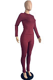 Brown Wholesale Newest Ribber Long Sleeve O Neck T-Shirts Bodycon Pants Slim Fitting Solid Color Sets TC095-4