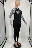 Black Cotton Blend Leopard Print Spliced Long Sleeve Round Neck T-Shirts Pencil Pants Sport Sets YM220-2